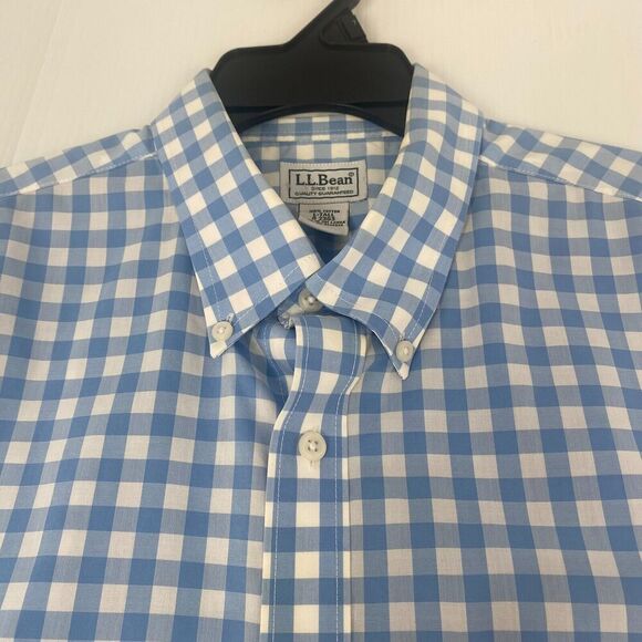 LL Bean Button Up Shirt Mens Size L Tall Blue Striped Short Sleeve 100% Cotton - Picture 7 of 16
